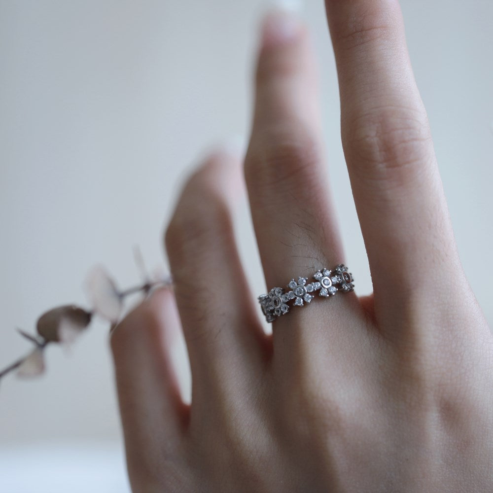 Silver Zircon Round Cut Multi Inlaid Flower Eternity Ring