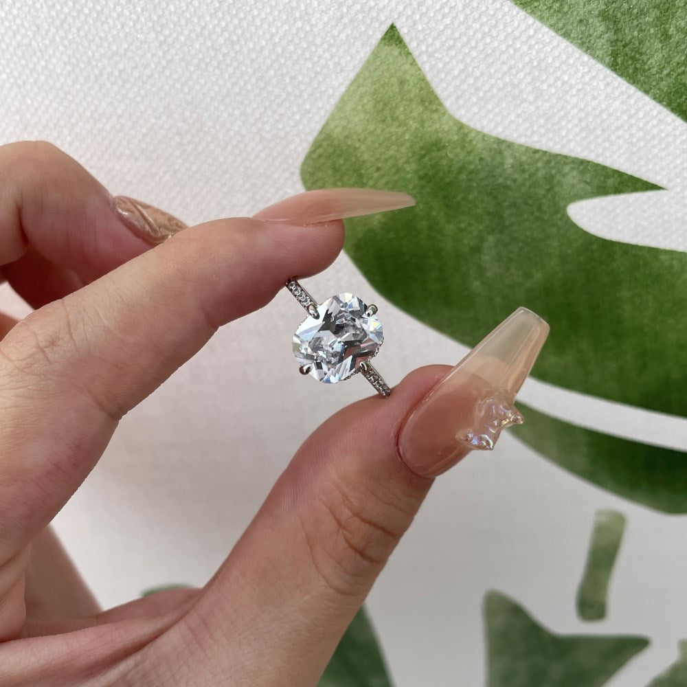 Silver Zircon Cushion Cut Inlaid Layered Solitaire Ring