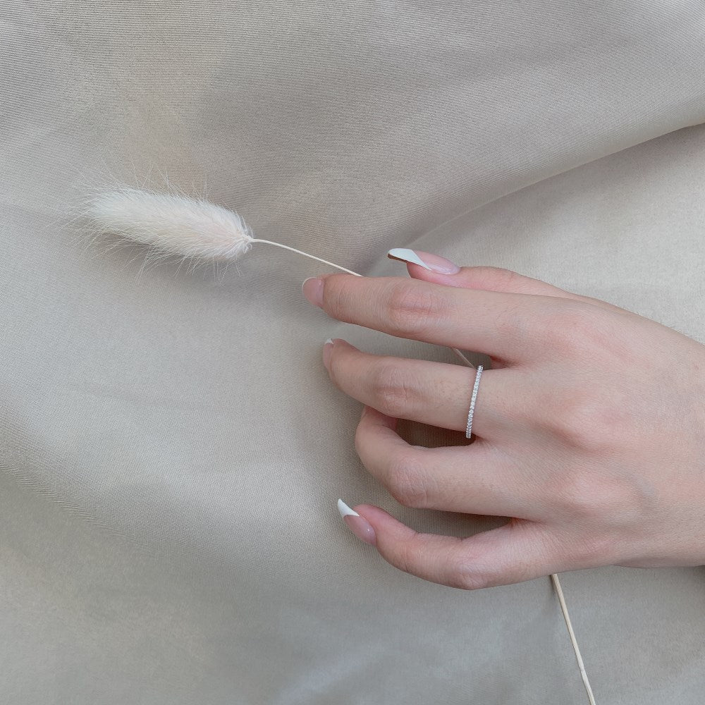 Silver Zircon Round Cut Thin Wrapped Inlaid Eternity Ring