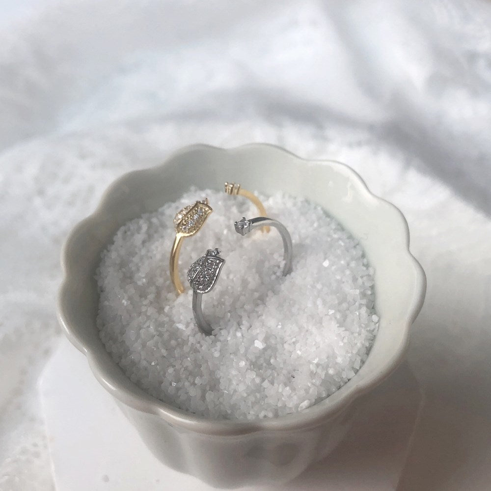 Silver Zircon Round Cut Open Rose Bypass Ring