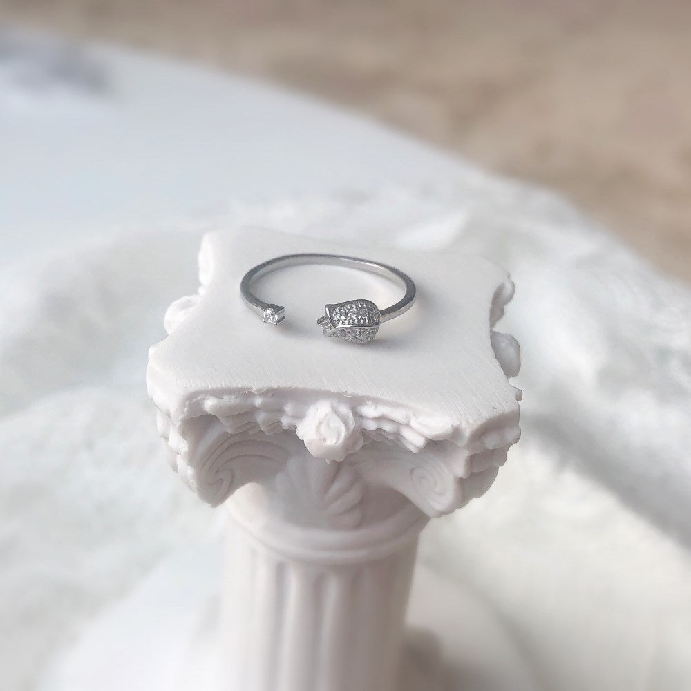 Silver Zircon Round Cut Open Rose Bypass Ring