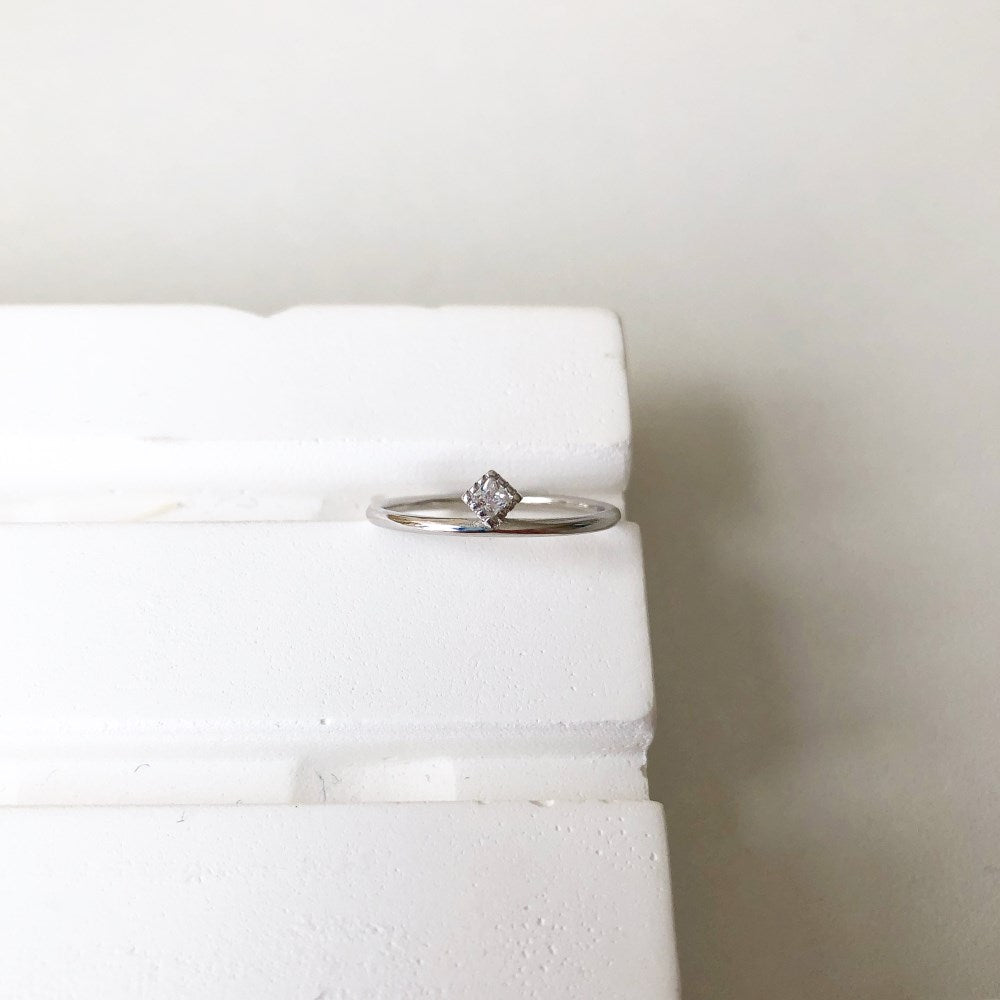 Silver Zircon Cushion Square Cut Thin Dots Dainty Ring