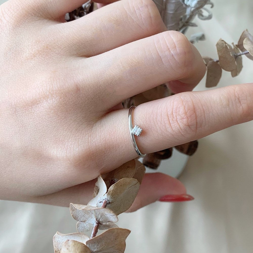 Silver Zircon Cushion Square Cut Thin Dots Dainty Ring