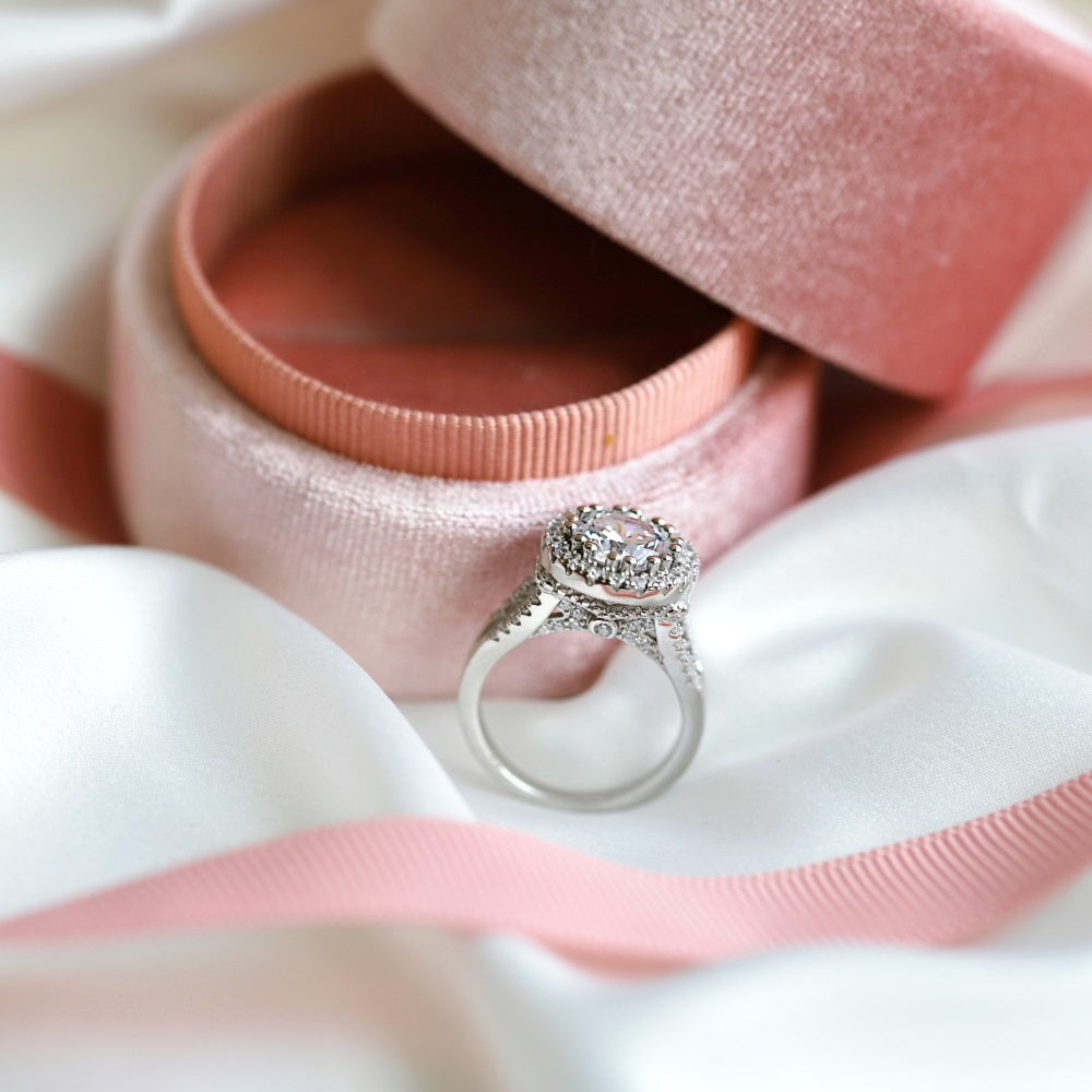 Silver Zircon Round Cut Multi Layer Inlaid Raised Halo Ring