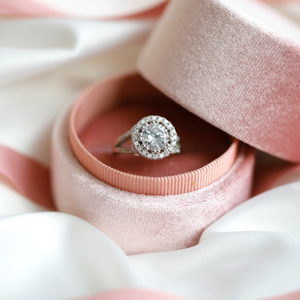 Silver Zircon Round Cut Multi Layer Inlaid Raised Halo Ring