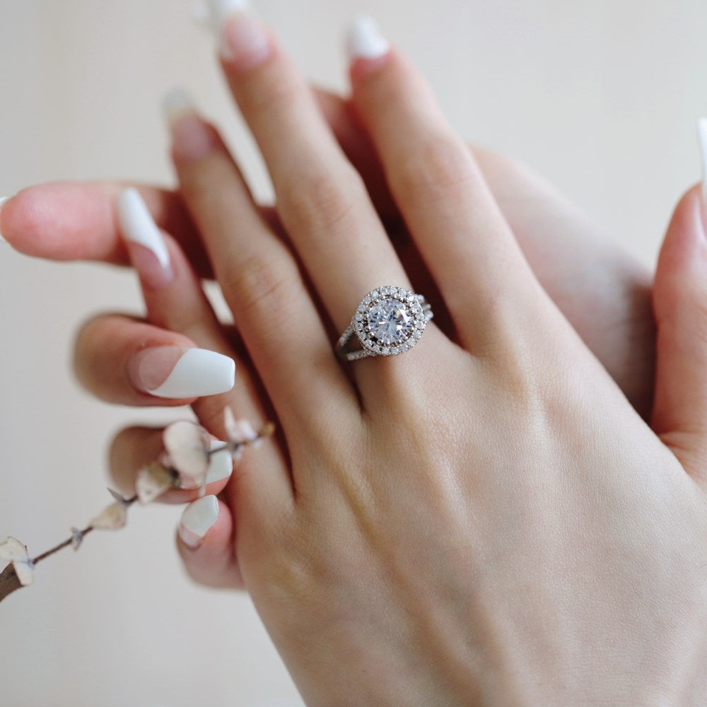 Silver Zircon Round Cut Multi Layer Inlaid Raised Halo Ring