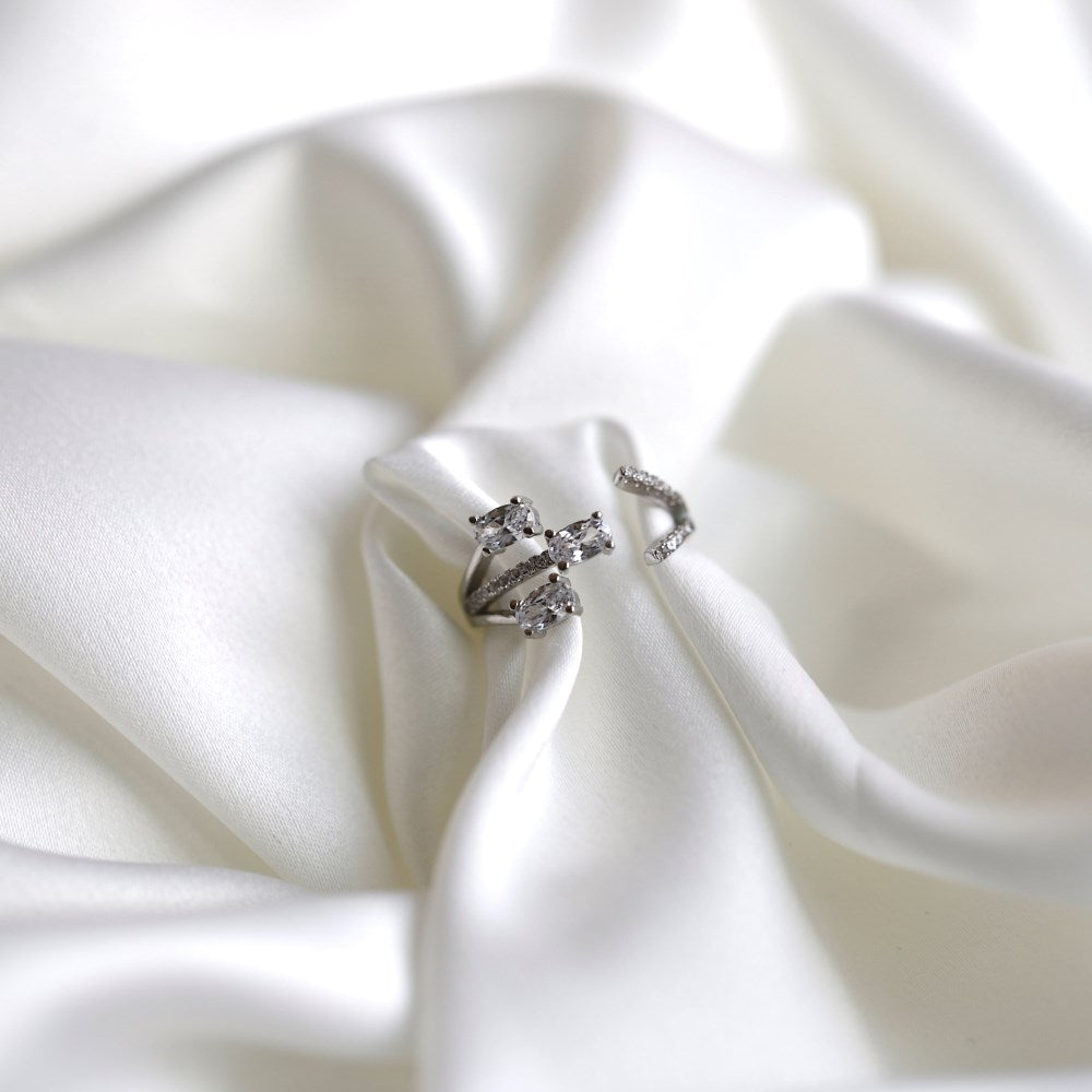 Silver Zircon Oval Cut Inlaid Open Multi Layer Bypass Ring