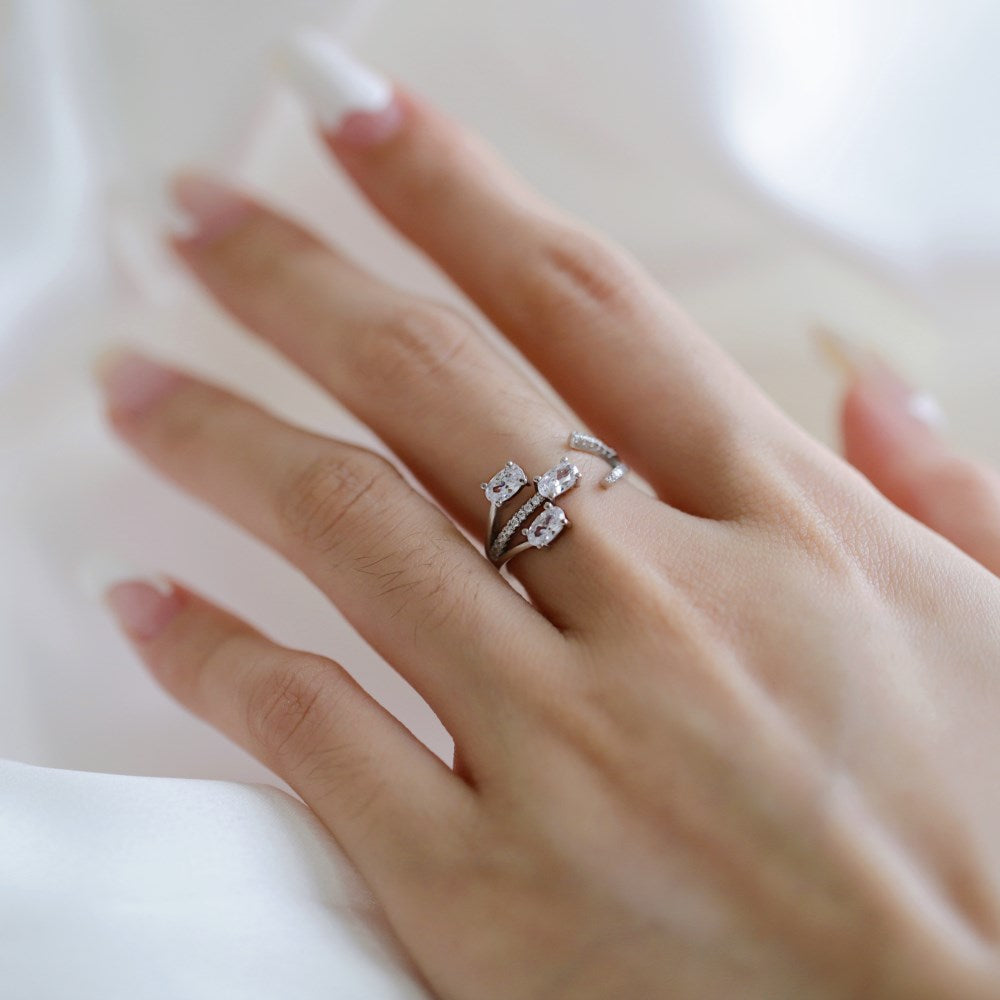 Silver Zircon Oval Cut Inlaid Open Multi Layer Bypass Ring
