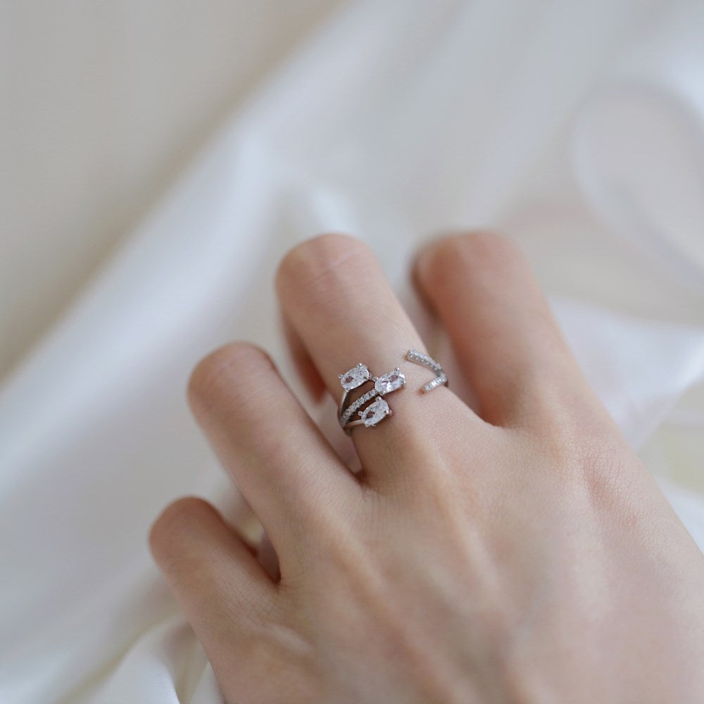 Silver Zircon Oval Cut Inlaid Open Multi Layer Bypass Ring