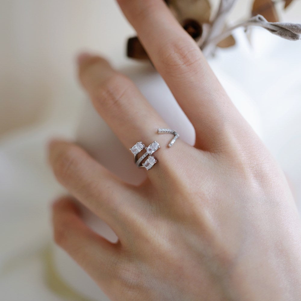 Silver Zircon Oval Cut Inlaid Open Multi Layer Bypass Ring
