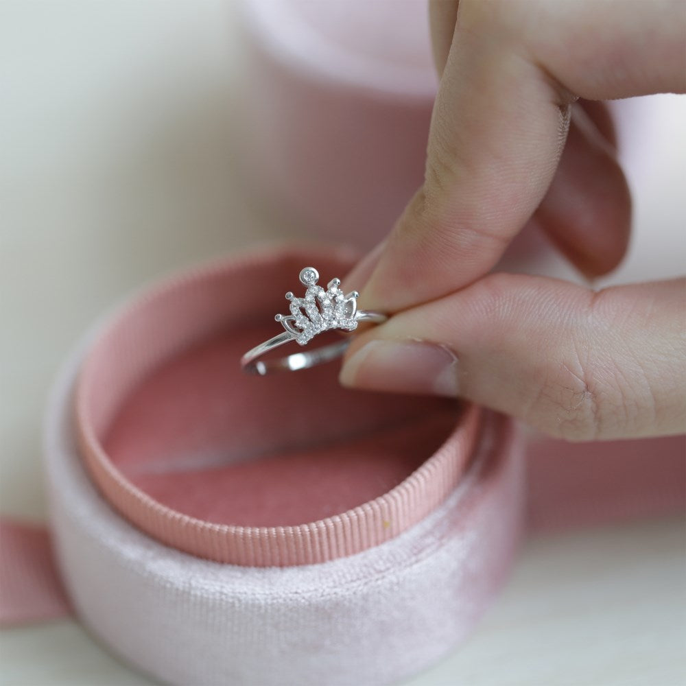 Silver Zircon Round Cut Princess Inlaid Crown Dainty Ring
