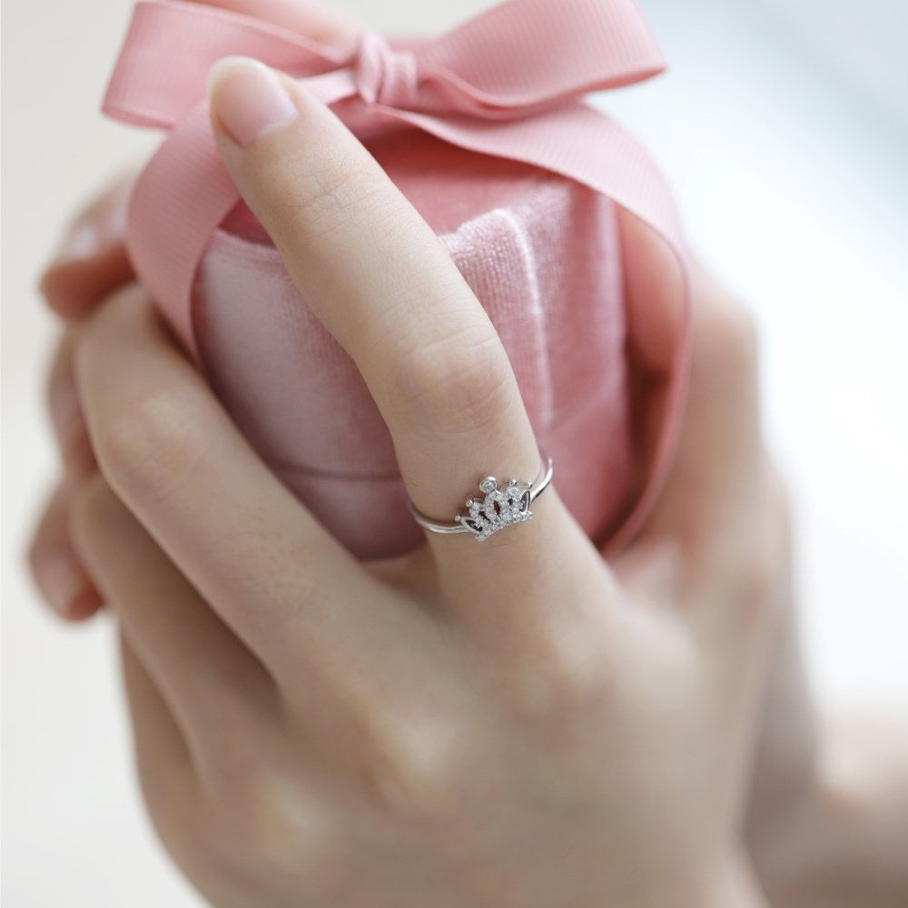 Silver Zircon Round Cut Princess Inlaid Crown Dainty Ring