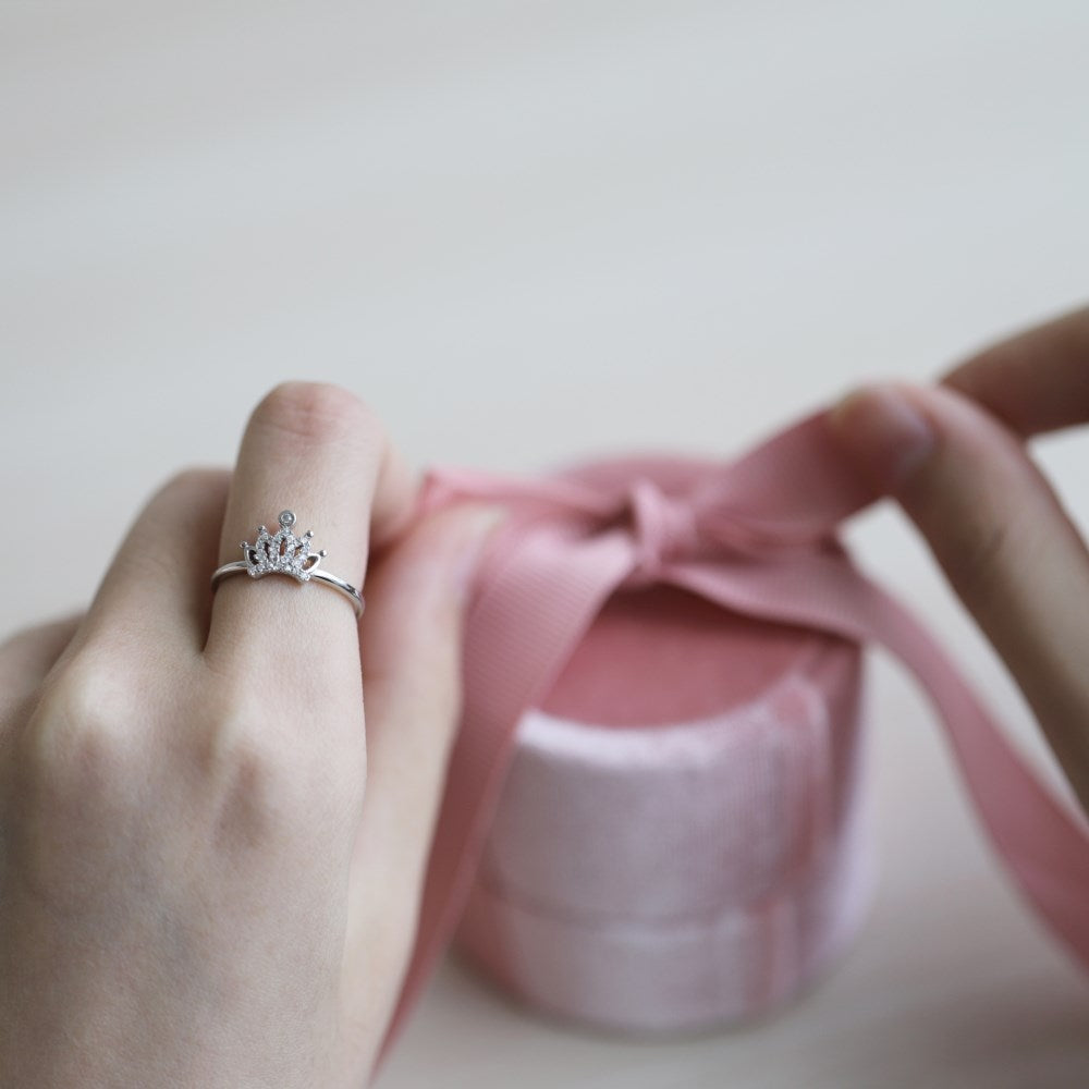 Silver Zircon Round Cut Princess Inlaid Crown Dainty Ring