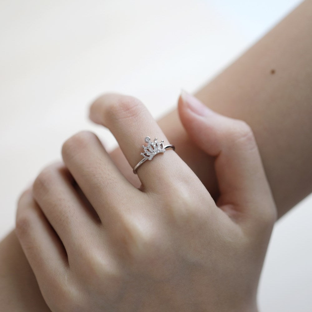 Silver Zircon Round Cut Princess Inlaid Crown Dainty Ring