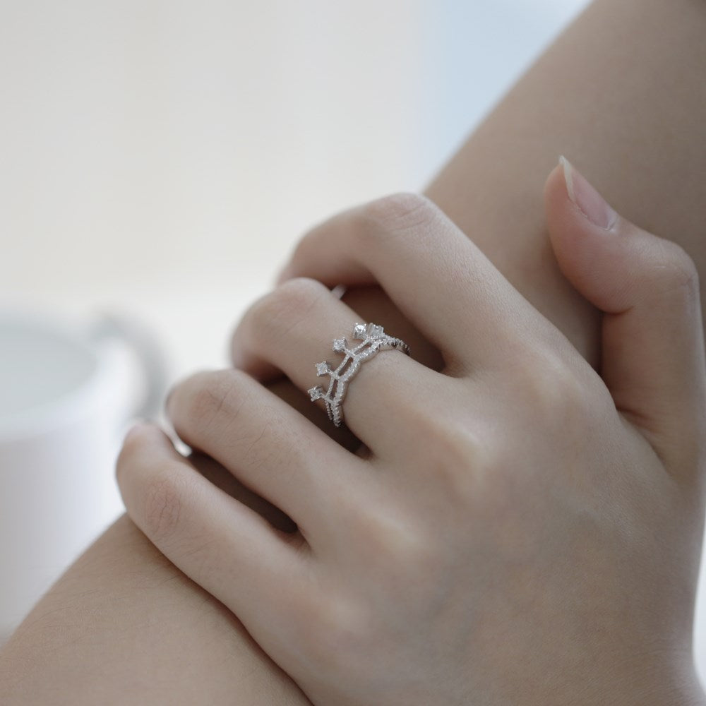 Silver Zircon Round Cut Inlaid Crown Dainty Ring