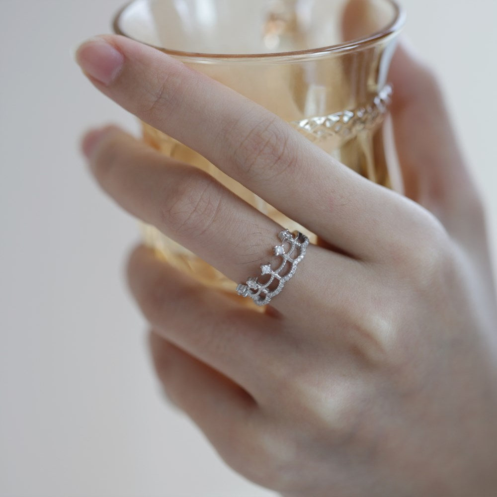Silver Zircon Round Cut Inlaid Crown Dainty Ring