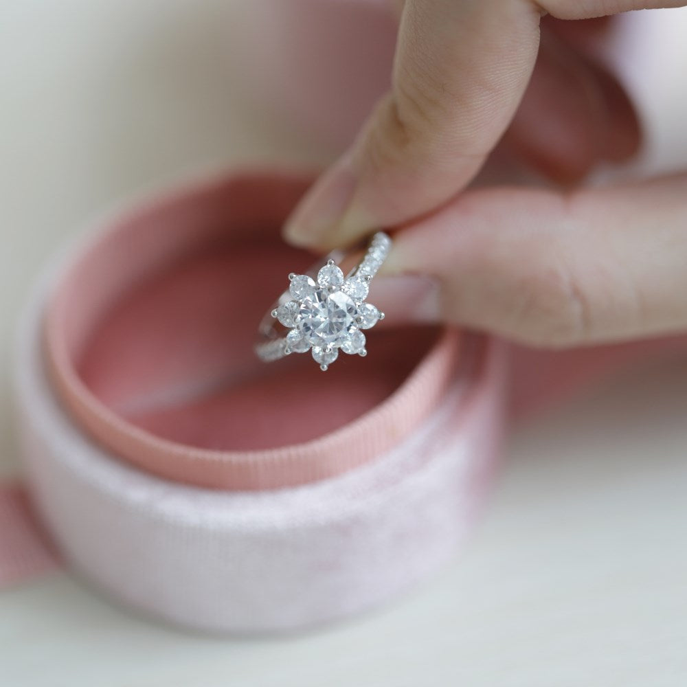 Silver Zircon Round Cut Wrapped Layered Flower Halo Ring