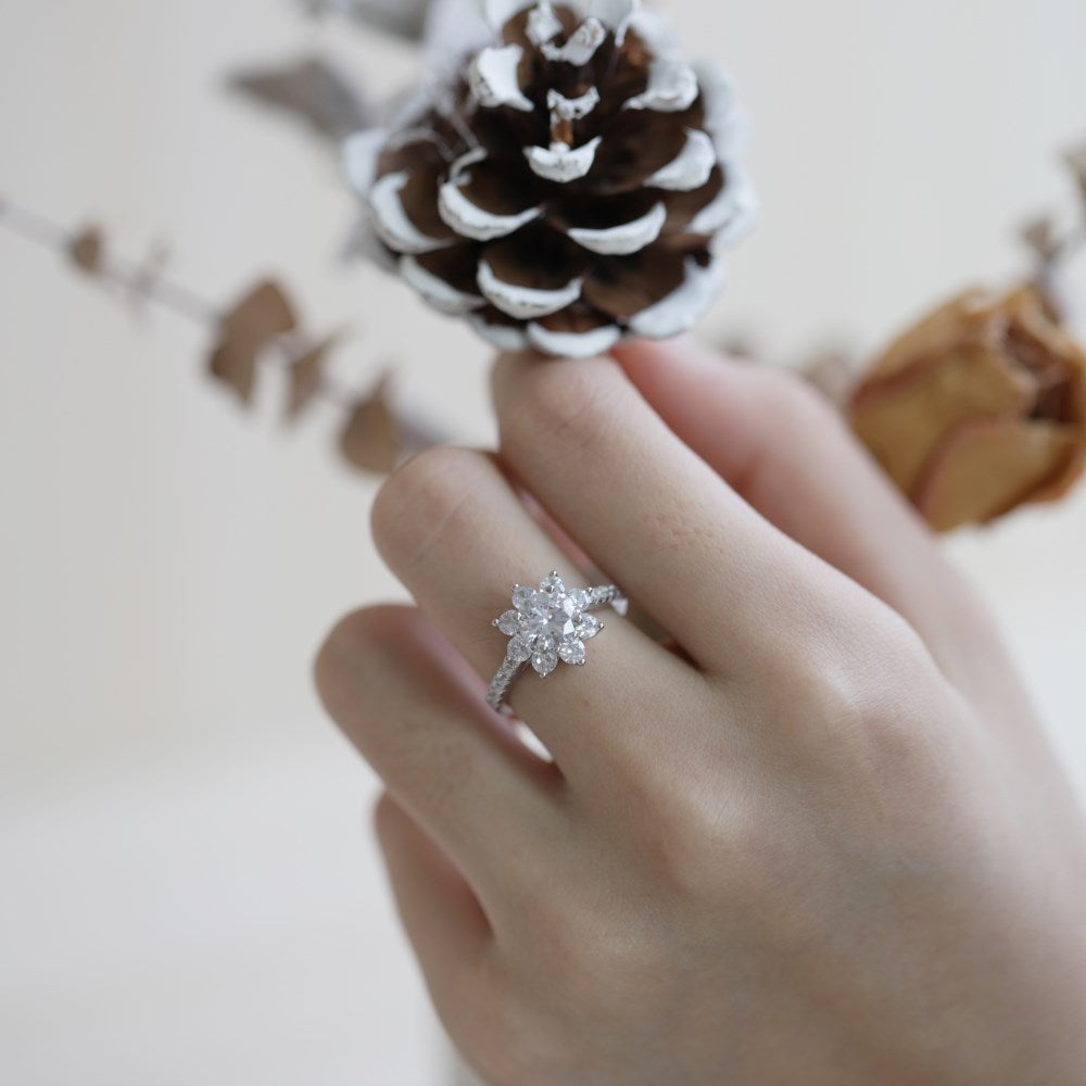 Silver Zircon Round Cut Wrapped Layered Flower Halo Ring