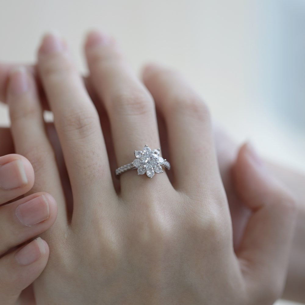 Silver Zircon Round Cut Wrapped Layered Flower Halo Ring