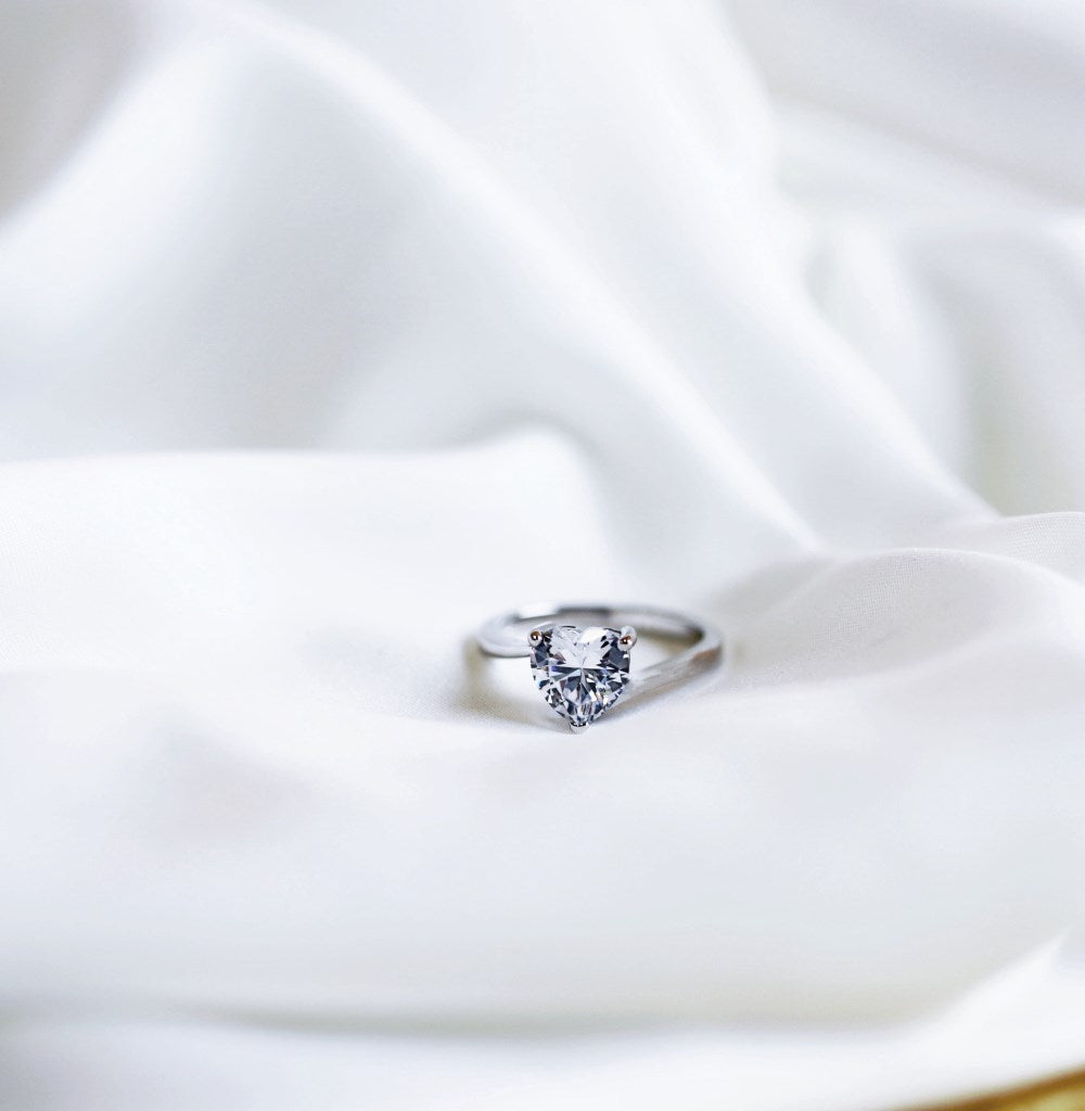 Silver Zircon Heart Cut Twisted Thread Solitaire Ring