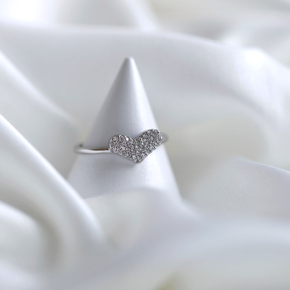 Silver Zircon Round Cut Wide Inlaid Heart Dainty Ring