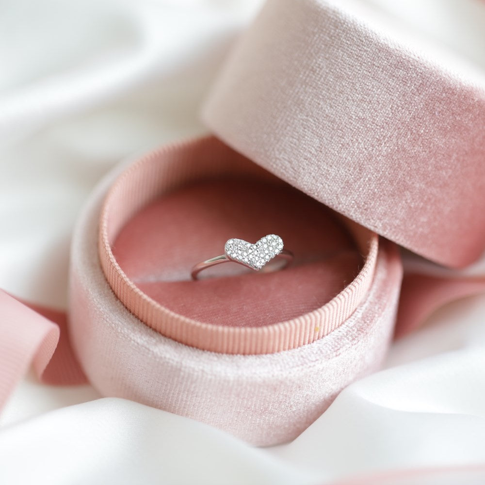 Silver Zircon Round Cut Wide Inlaid Heart Dainty Ring