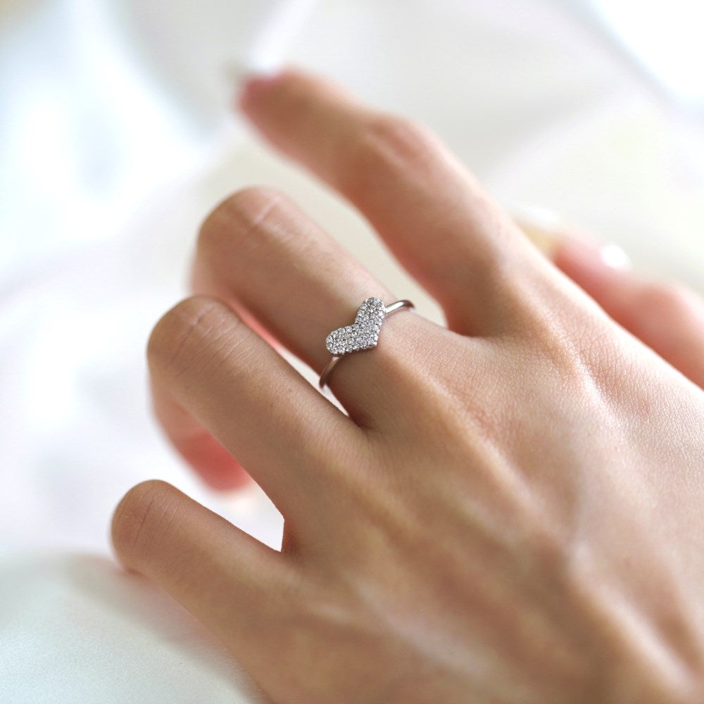 Silver Zircon Round Cut Wide Inlaid Heart Dainty Ring