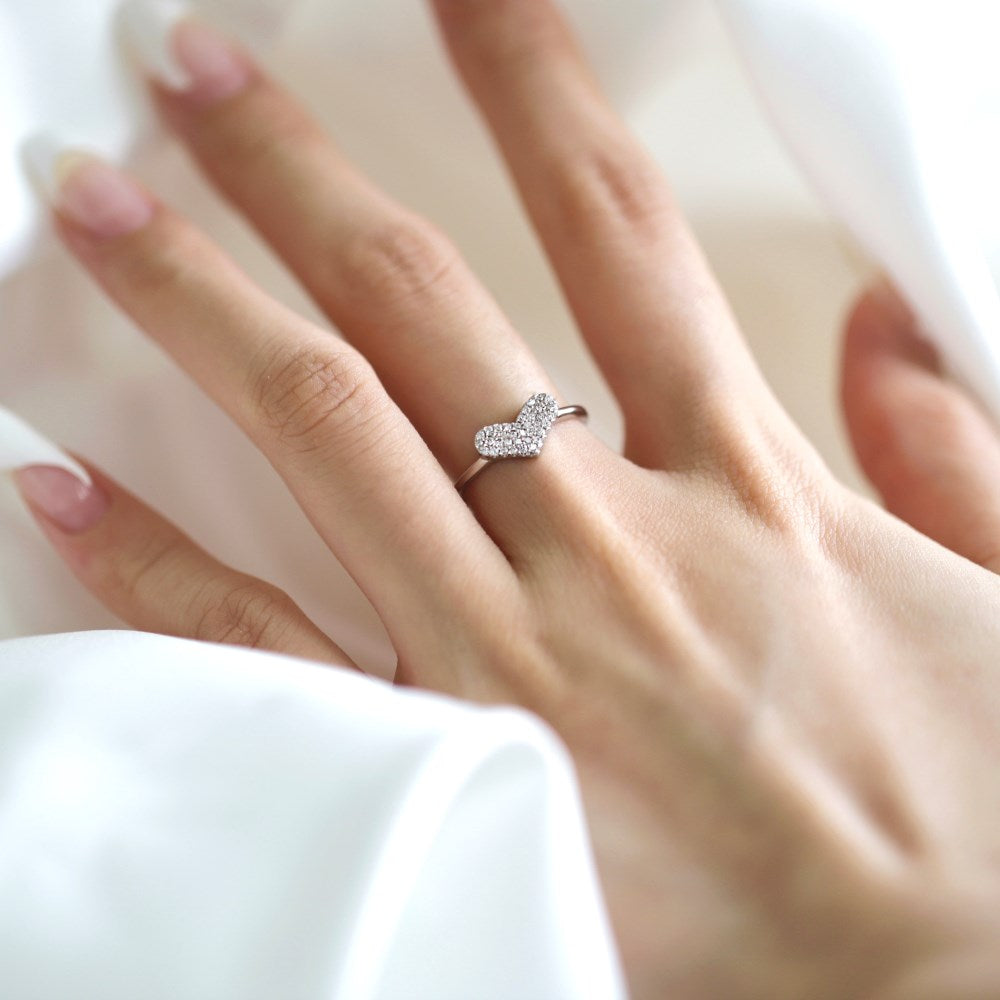 Silver Zircon Round Cut Wide Inlaid Heart Dainty Ring
