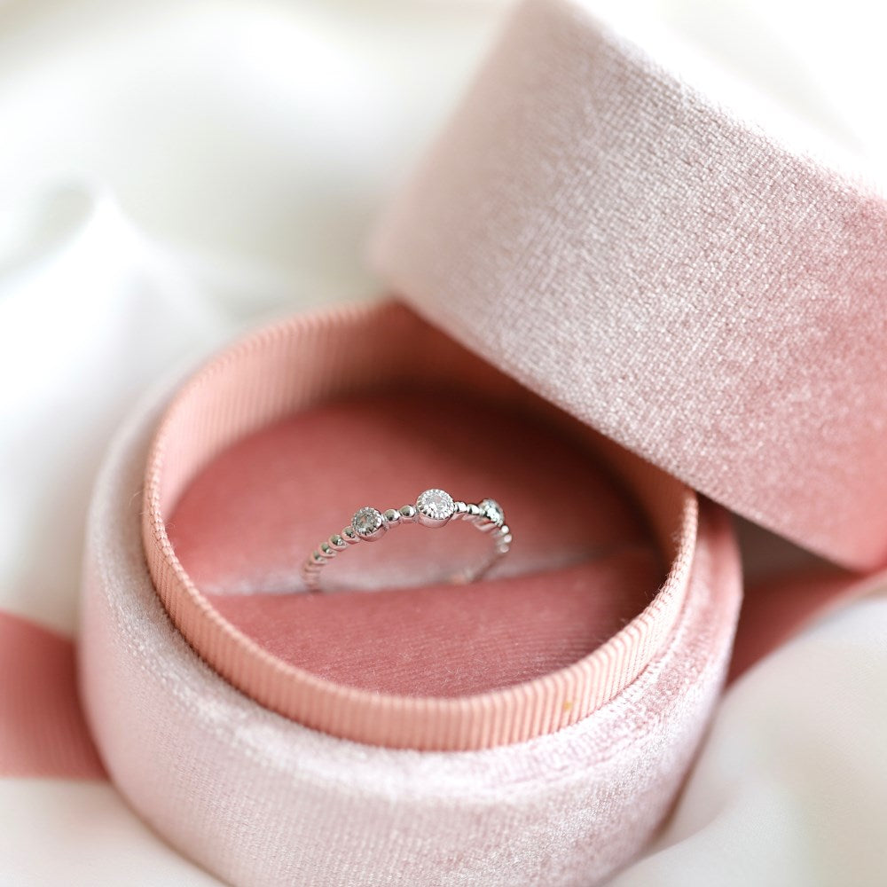 Silver Zircon Round Cut Beaded Dots Dainty Ring