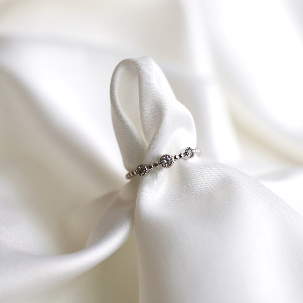 Silver Zircon Round Cut Beaded Dots Dainty Ring