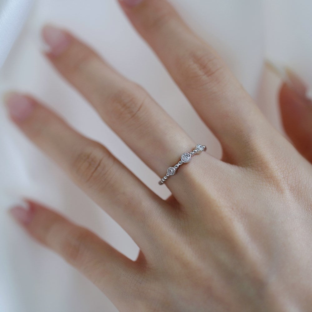 Silver Zircon Round Cut Beaded Dots Dainty Ring