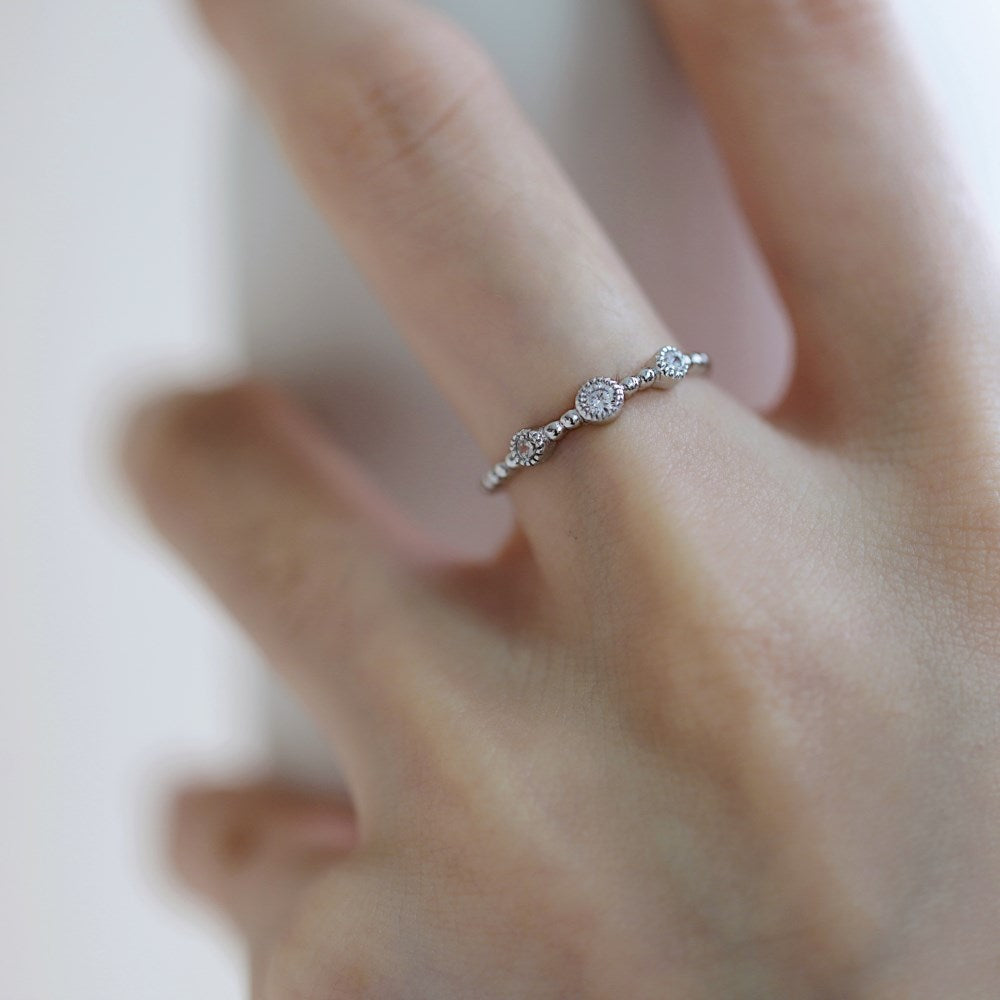 Silver Zircon Round Cut Beaded Dots Dainty Ring
