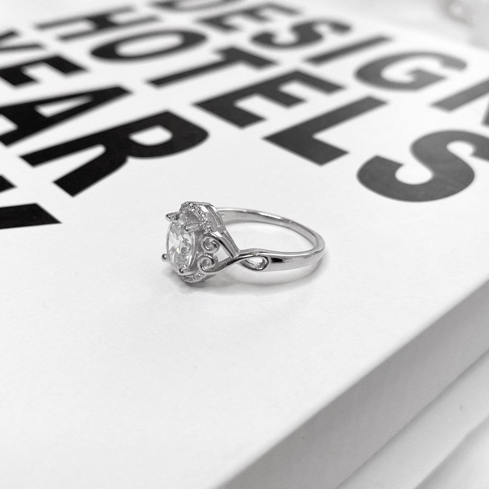 Silver Zircon Oval Cut Twisted Inlaid Halo Ring