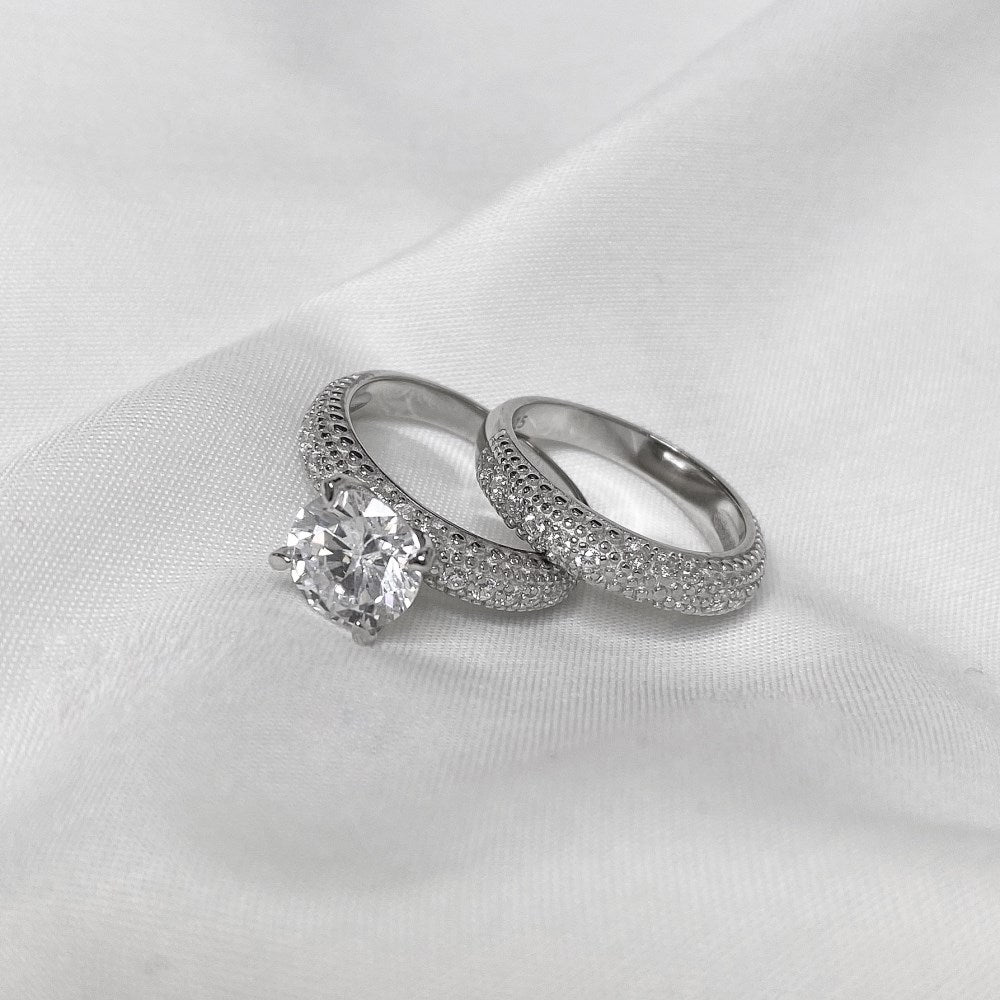 Silver Zircon Round Cut Iced Duel Halo Ring