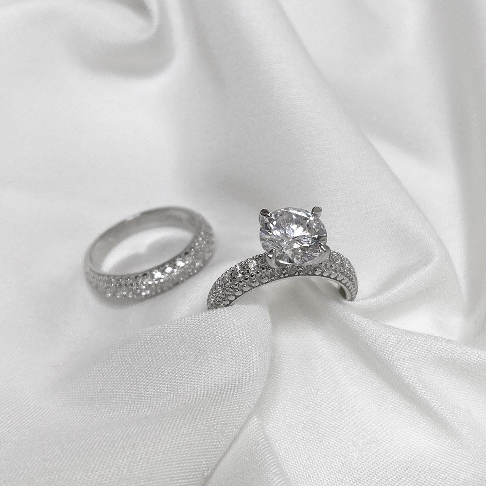 Silver Zircon Round Cut Iced Duel Halo Ring