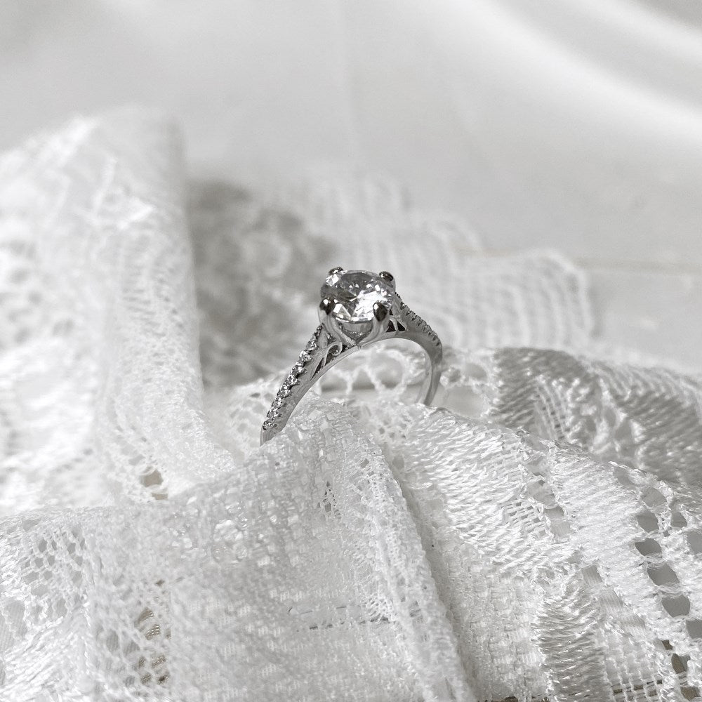 Silver Zircon Round Cut Wrapped Inlaid Solitaire Ring