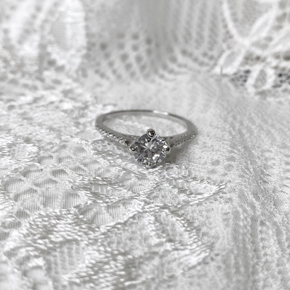 Silver Zircon Round Cut Wrapped Inlaid Solitaire Ring