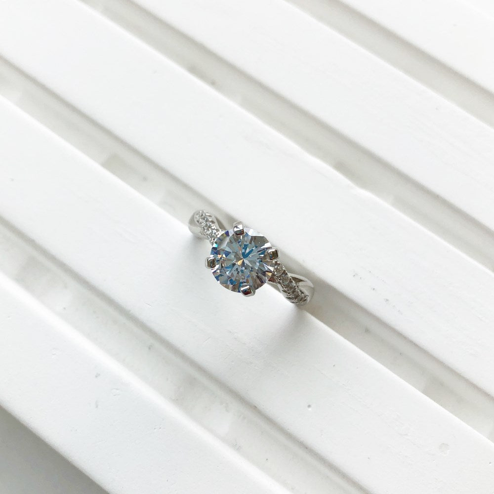 Silver Zircon Round Cut Iced Twisted Solitaire Ring
