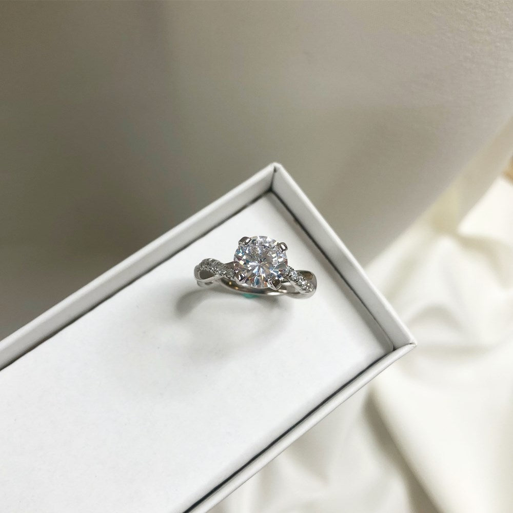 Silver Zircon Round Cut Iced Twisted Solitaire Ring