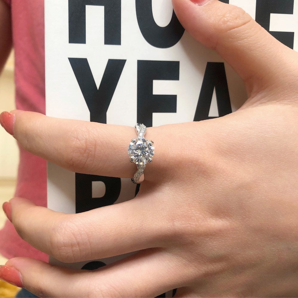 Silver Zircon Round Cut Iced Twisted Solitaire Ring