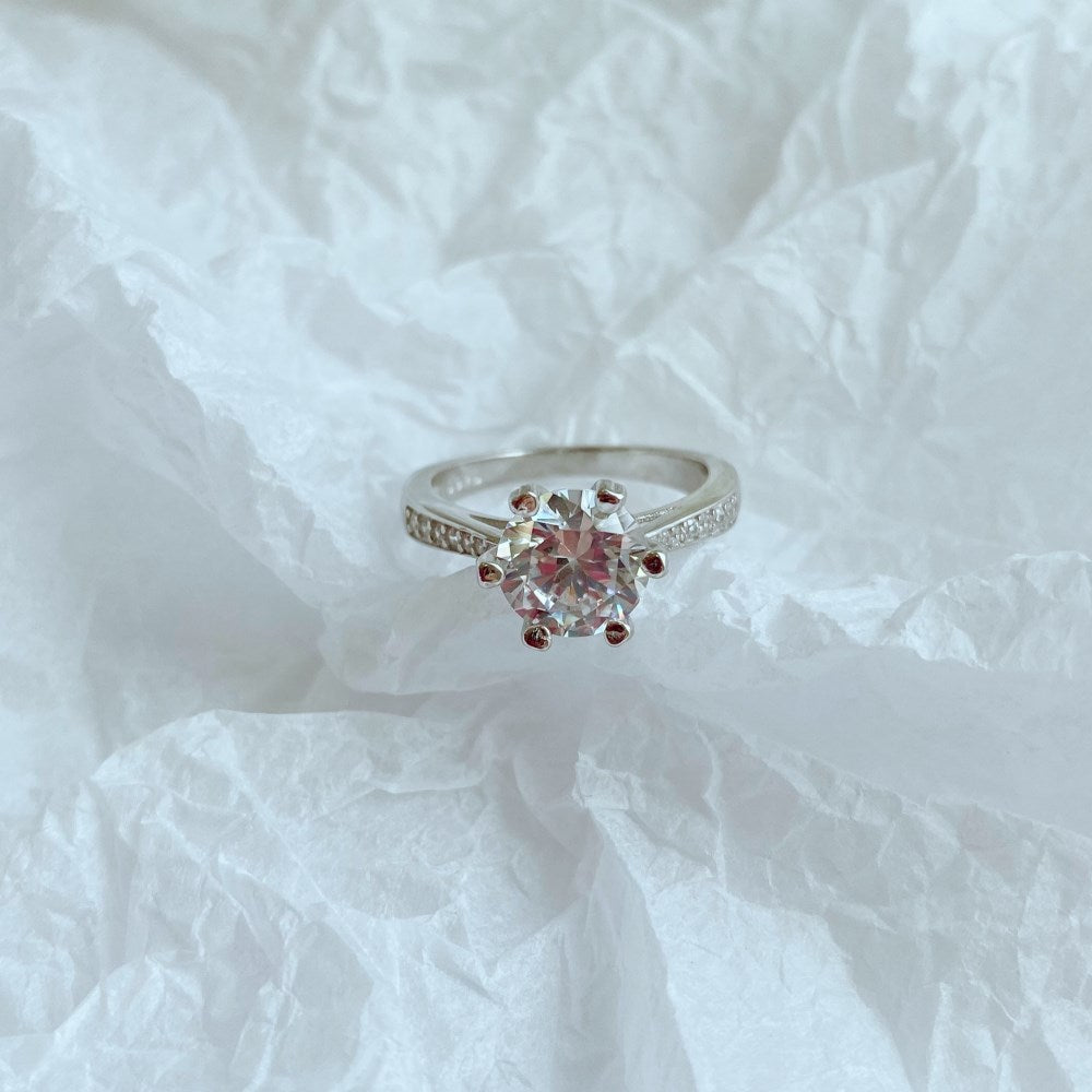 Silver Zircon Round Cut Inlaid Layered Flower Solitaire Ring