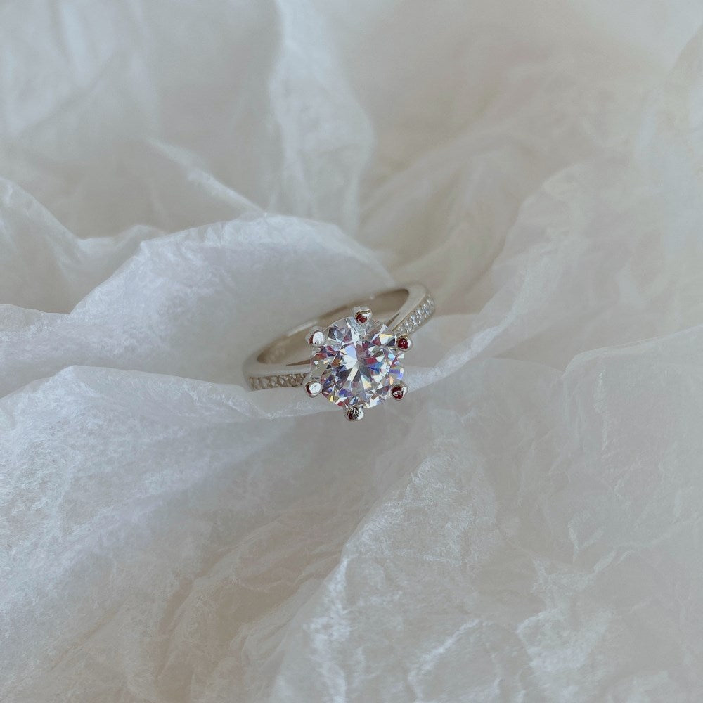 Silver Zircon Round Cut Inlaid Layered Flower Solitaire Ring