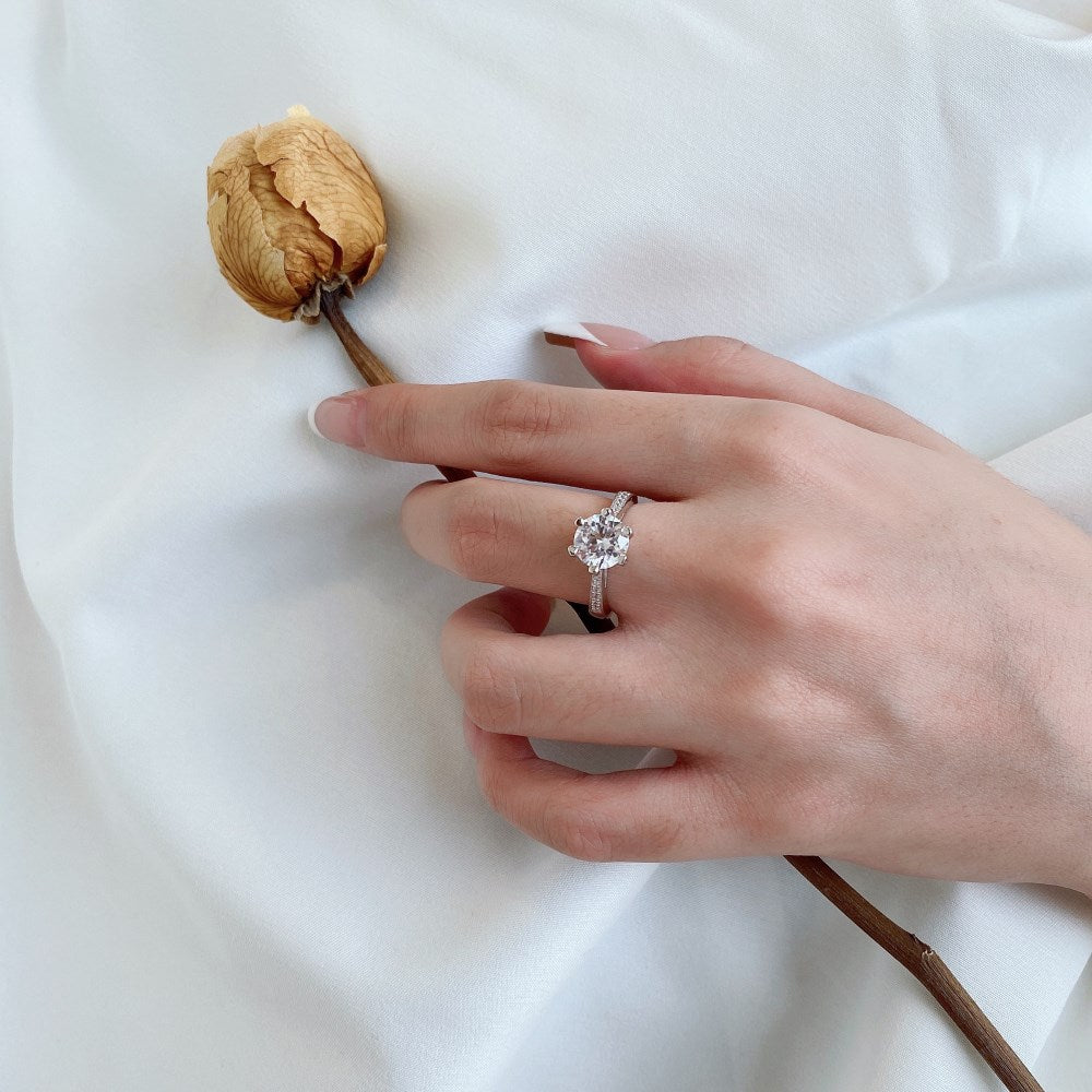 Silver Zircon Round Cut Inlaid Layered Flower Solitaire Ring