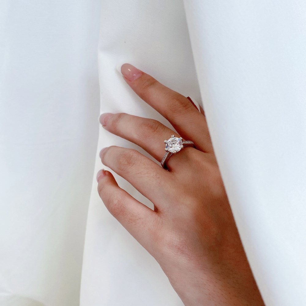 Silver Zircon Round Cut Inlaid Layered Flower Solitaire Ring