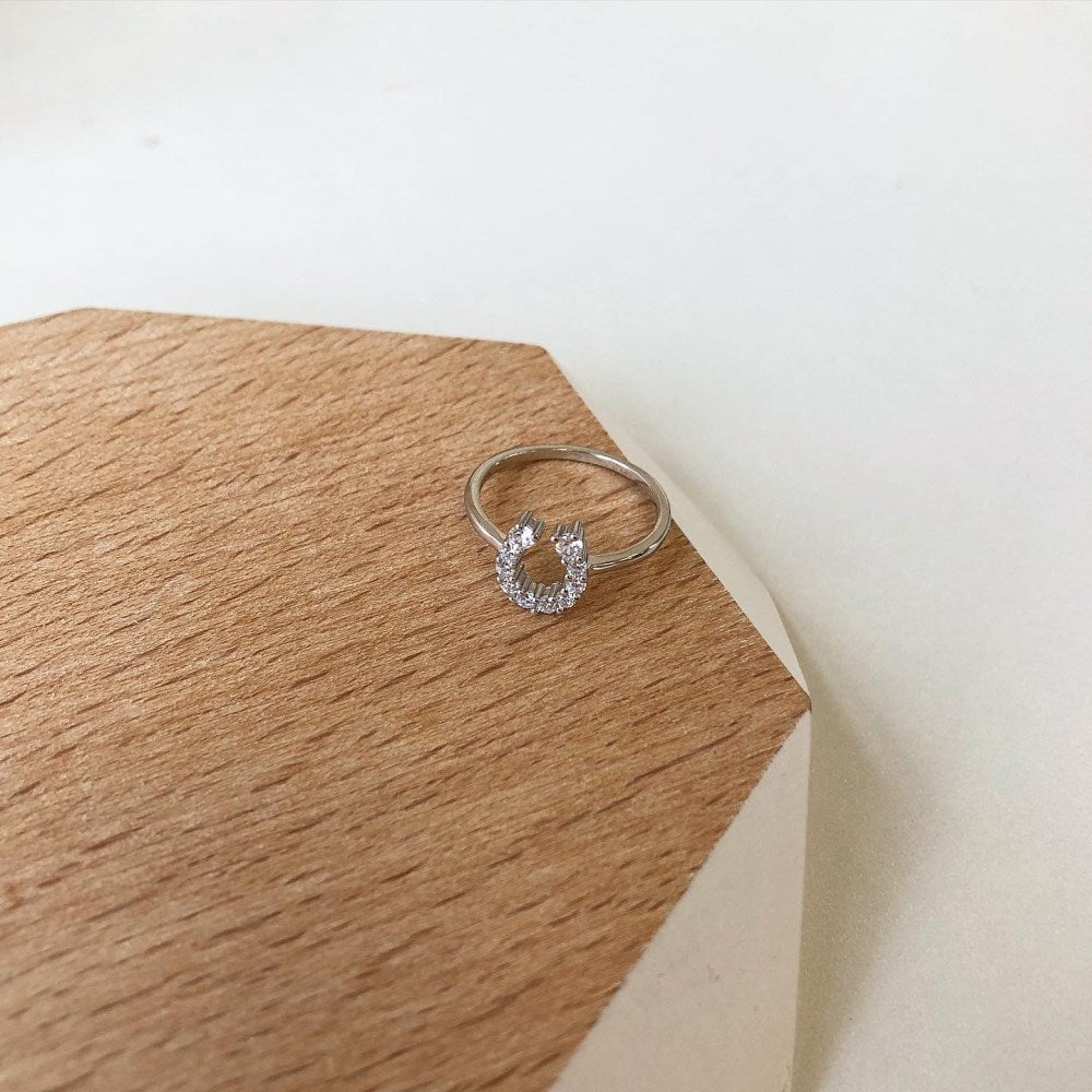 Silver Zircon Round Cut Horse Shoe Dainty Ring