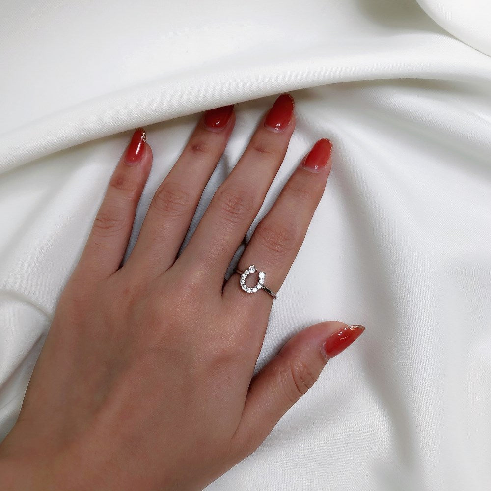 Silver Zircon Round Cut Horse Shoe Dainty Ring
