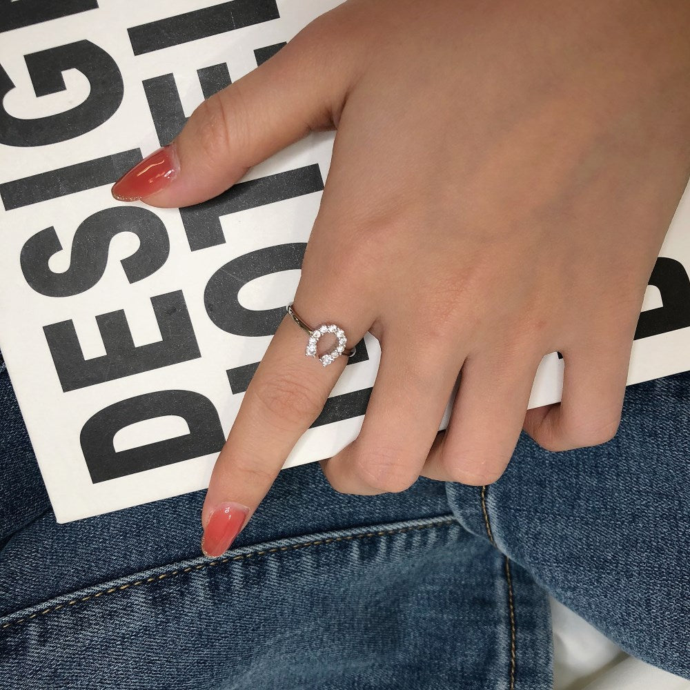 Silver Zircon Round Cut Horse Shoe Dainty Ring