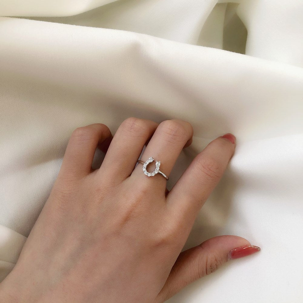 Silver Zircon Round Cut Horse Shoe Dainty Ring
