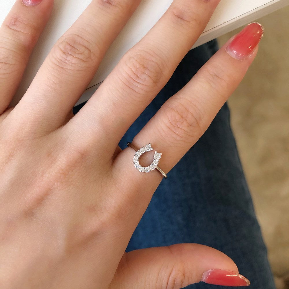 Silver Zircon Round Cut Horse Shoe Dainty Ring