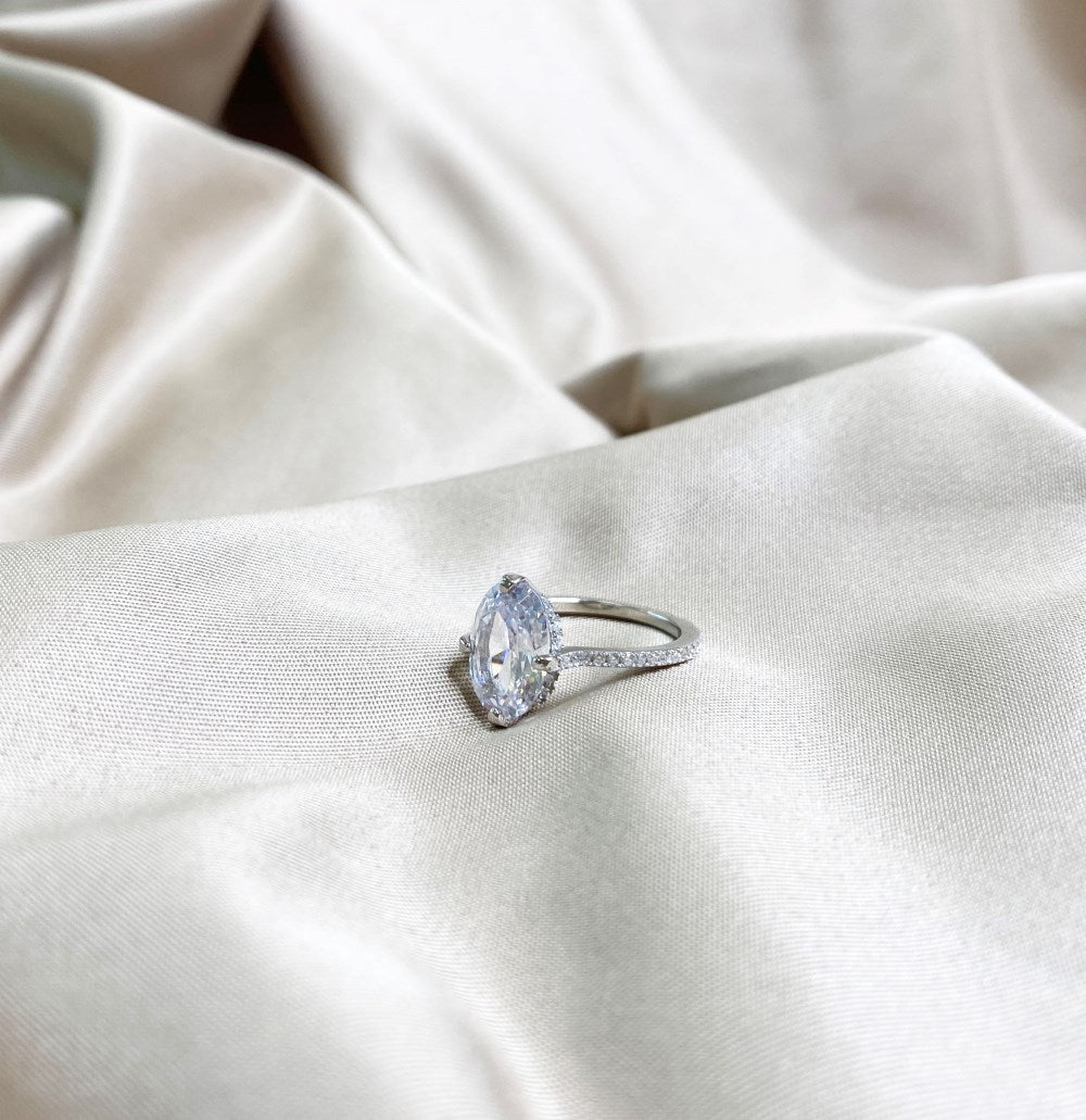 Silver Zircon Oval Cut Big Inlaid Layered Solitaire Ring